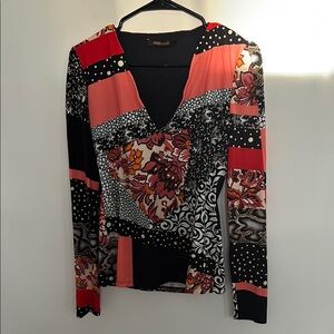 Roberto Cavalli Patchwork V-Neck Top stretchy EURO 38 size 2